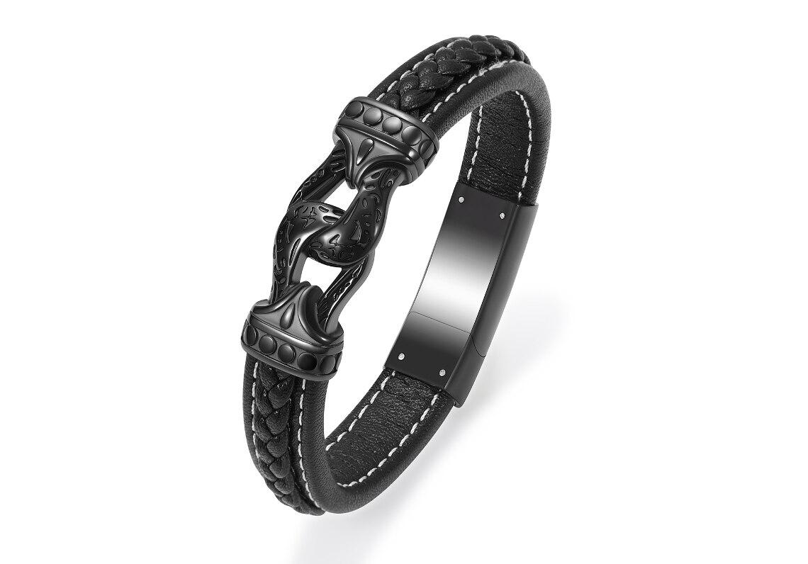 ashes jewellery mens black leather, white stripe and solid chain link, 22 cm bracelet 
