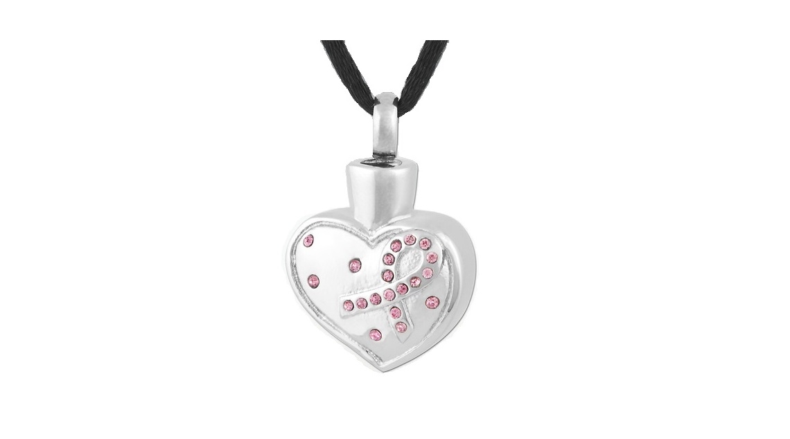 ashes jewellery stainless steel pink ribbon breast cancer awareness heart necklace memorial urn