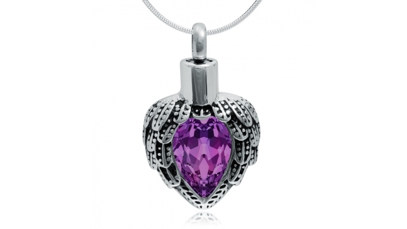 ashes jewellery stainless steel purple heart with wings necklace memorial urn